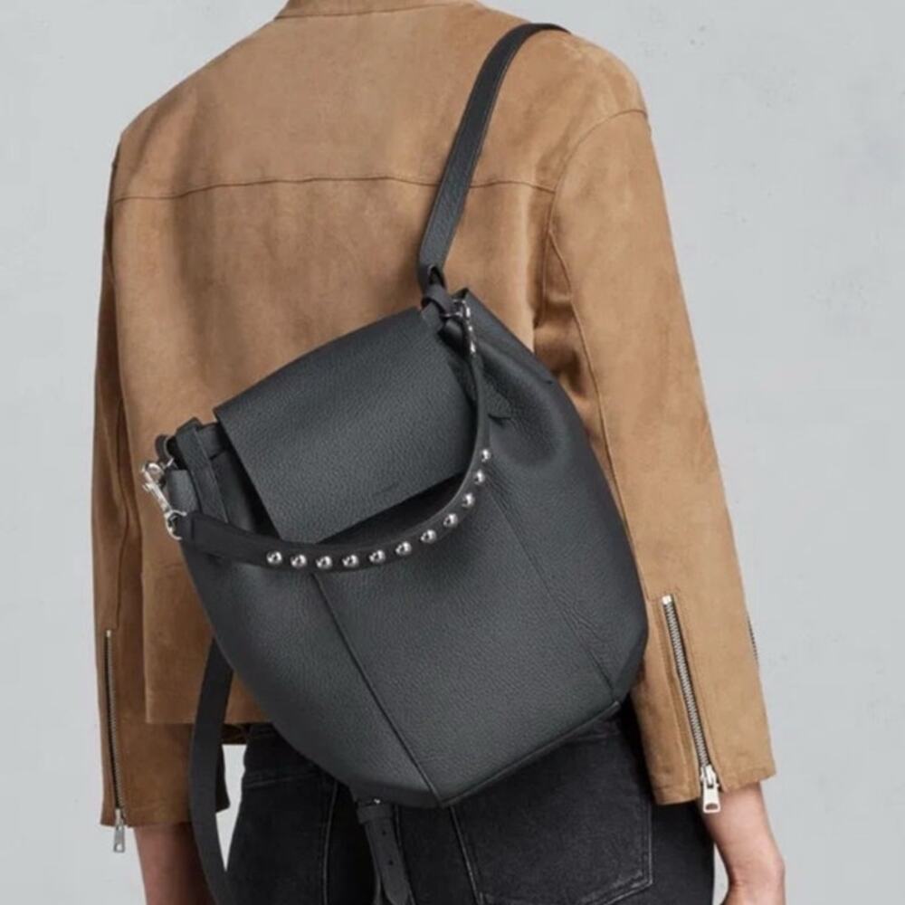 All Saints Large Black Pebbled Cow Hide Leather Backpack Purse Bag